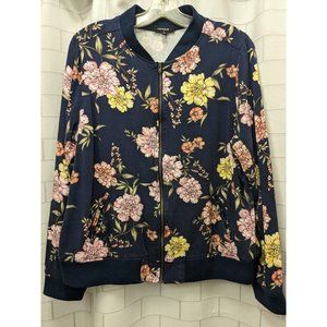 Torrid Women's Bomber Jacket Size 1 Zip Up w/ Pockets Navy Blue & Flowers Twill